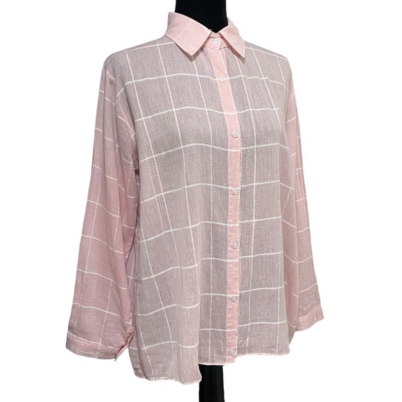 Adora Pink White Striped Sheer Button Shirt Roll Tab Sleeves Medium - Picture 2 of 8